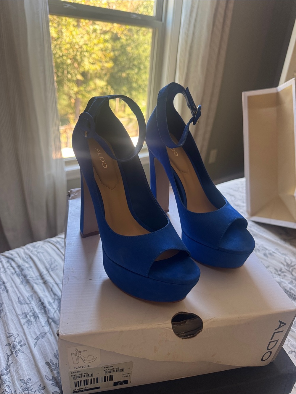 ALDO Cobalt Blue Suede Platform Peep-Toe Heels with Ankle Strap - Size 6.5 - NWT